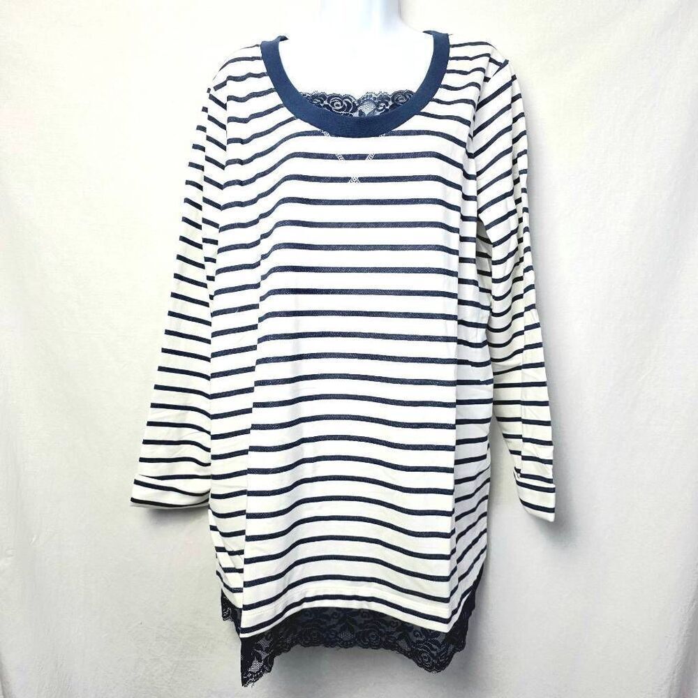 Woman Within Striped Lace Trim Long Sleeve Top L